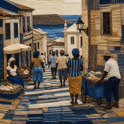 urban street with city activity — Cape Verdean Art Style
