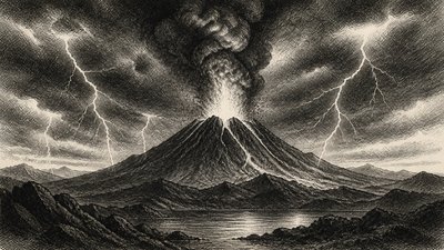 an erupting volcano with lightning strikes, dramatic wide composition, no text