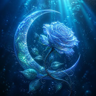 a rose entwined with a crescent moon, clean balanced composition on a plain background, no text