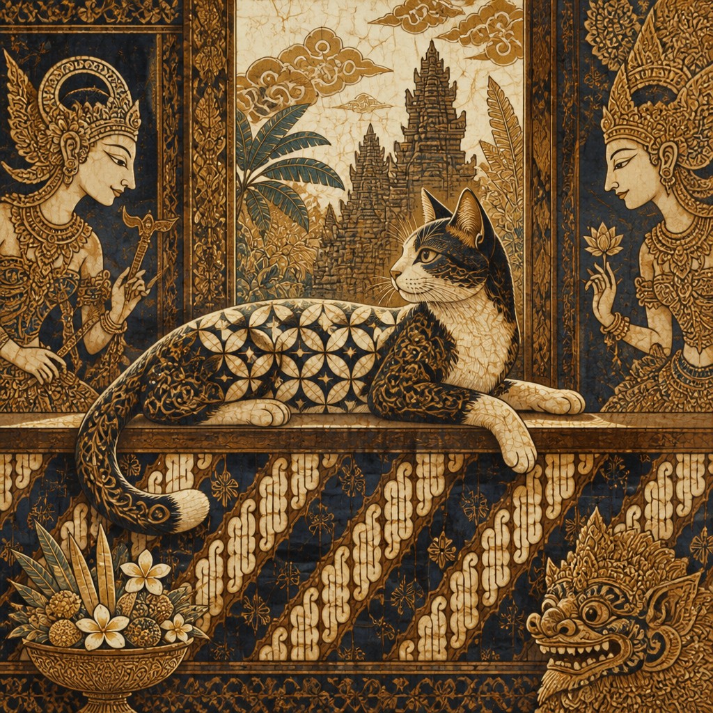 a cat lounging in a sunlit window — Indonesian Art Style