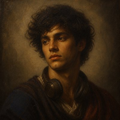 head-and-shoulders portrait of an original character: a young man with curly dark hair and headphones around his neck, plain backdrop, no text