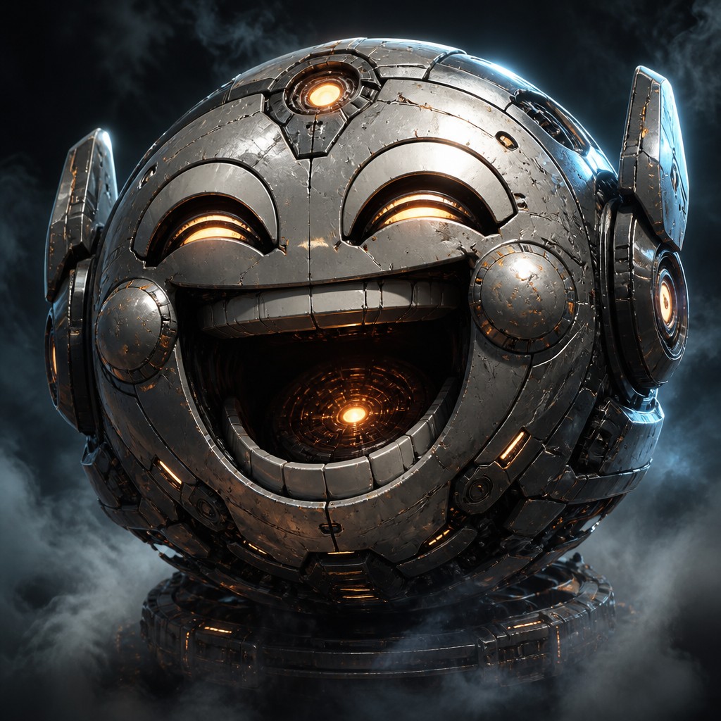 an exaggerated laughing face of an original round mascot character, bold and readable at small size, plain background, no text
