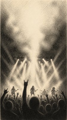 a live music scene with a glowing stage and silhouetted crowd, energetic vertical composition with open space at the top, no text