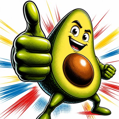 a happy avocado character giving a thumbs up, bold readable design on a plain background, no text