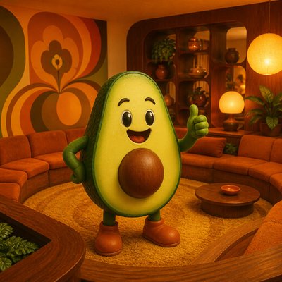 a happy avocado character giving a thumbs up, bold readable design on a plain background, no text