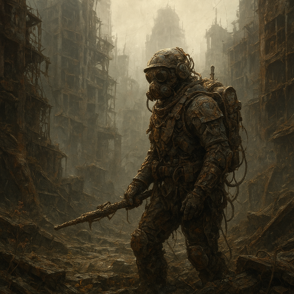 Scavenger in ruined metropolis