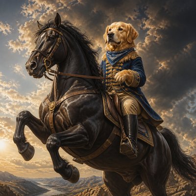 portrait of a golden retriever wearing a blue bandana, warm plain backdrop, no text