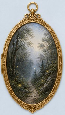 a mysterious forest path with fireflies and drifting mist, atmospheric vertical composition with open space at the top, no text