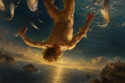 upside down view of ignudi Icarus falling into the sea with feathers falling 