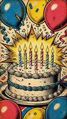 a birthday cake with lit candles surrounded by balloons and confetti, festive vertical composition, no text