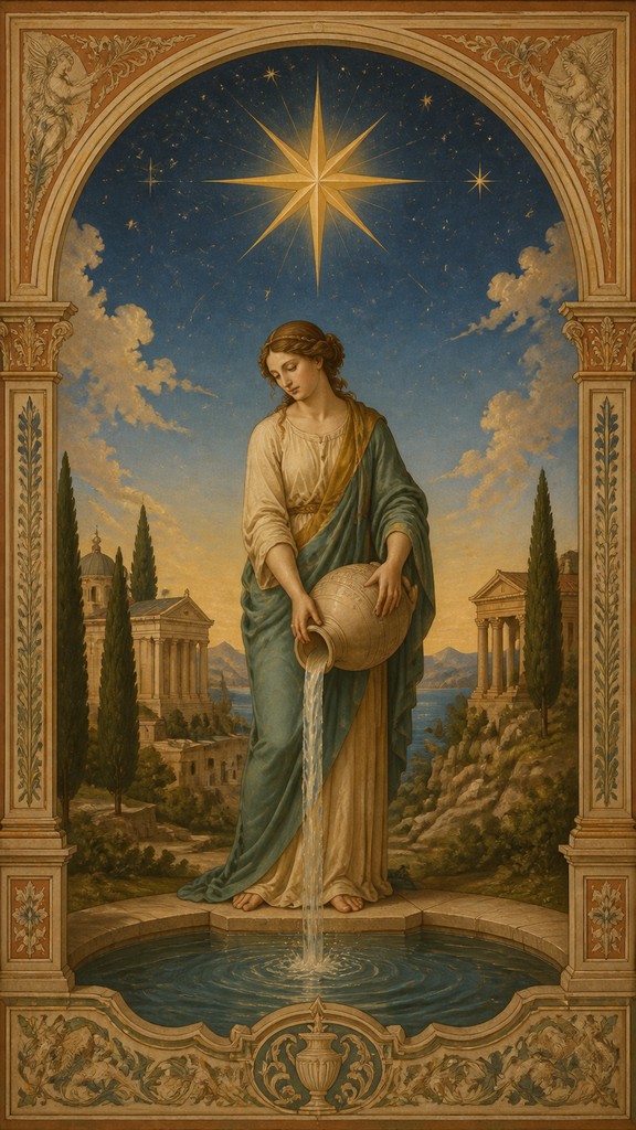 a robed figure pouring water beneath a large eight-pointed star in a night sky, symmetrical composition with an ornate decorative border, no text
