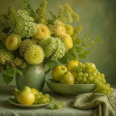 still life arrangement of fruits and flowers