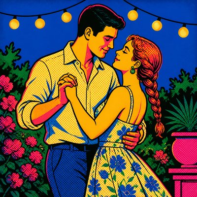 an original couple dancing under string lights in a garden at dusk: a man with short black hair in a linen shirt and a woman with braided red hair in a summer dress