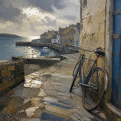 bicyle resting against a wall — Cornwall Plein Air Art Style