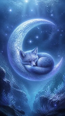 a sleeping baby fox curled on a crescent moon among soft stars, gentle and warm, no text