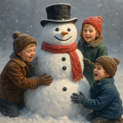 A Norman Rockwell style image portraying a fully built snowman with a smile on it's face and children all around it enjoying their snowy creation.