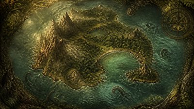 a map of an island realm with mountains, forests, a sheltered bay, sea monsters in the water and a compass rose, no text labels