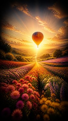 a hot air balloon drifting over rolling flower fields on a sunny day, cheerful, no text
