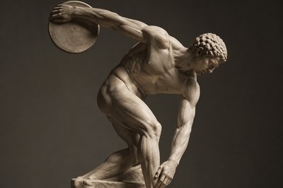 ancient greek athlete bending his back forward and holding a discus