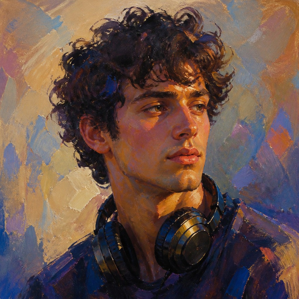 head-and-shoulders portrait of an original character: a young man with curly dark hair and headphones around his neck, plain backdrop, no text