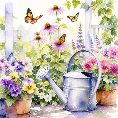 a garden scene with butterflies, flowers and a watering can, clean uncolored line art, no text