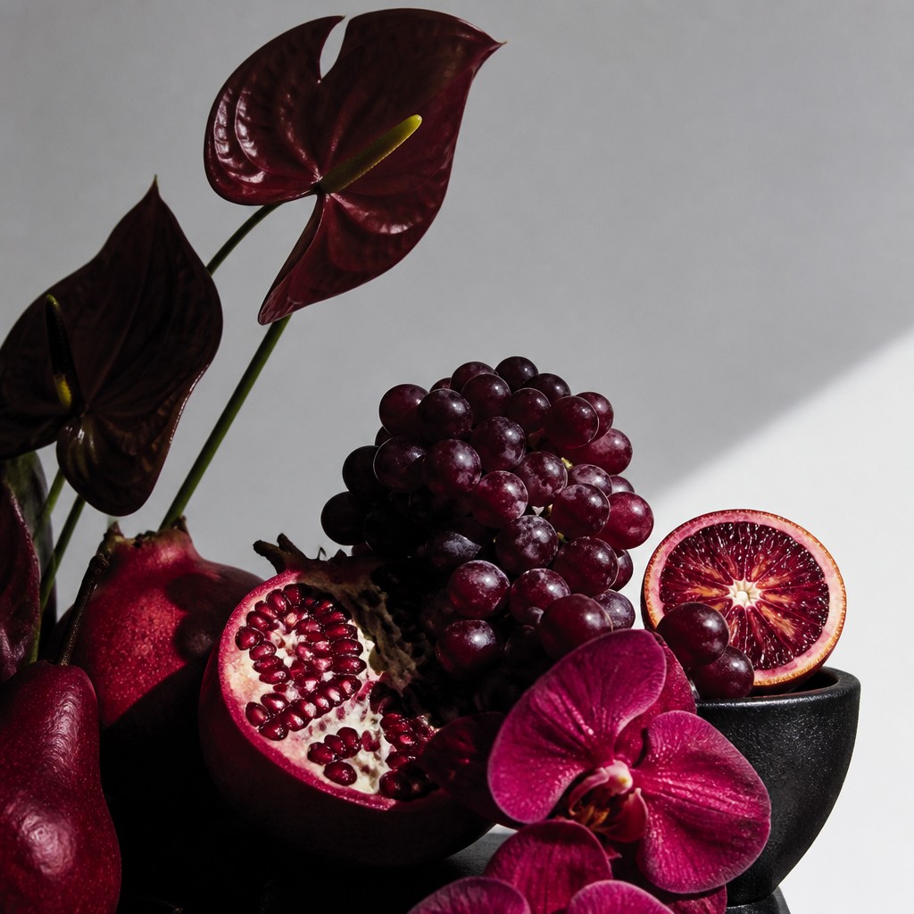still life arrangement of fruits and flowers