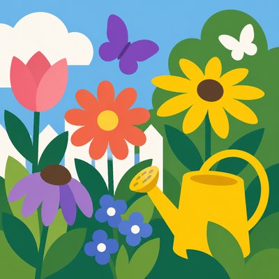 a garden scene with butterflies, flowers and a watering can, clean uncolored line art, no text