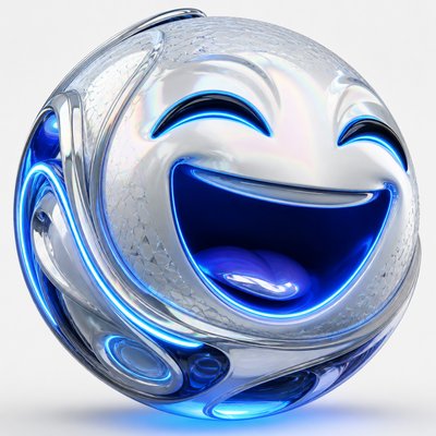 an exaggerated laughing face of an original round mascot character, bold and readable at small size, plain background, no text