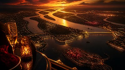 a wide river delta seen from above at sunset, no people