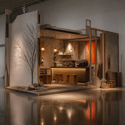 cozy cafe interior with warm lighting