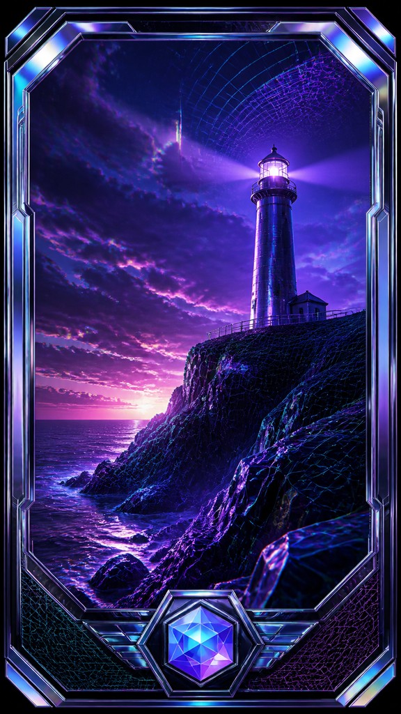 a lone lighthouse on a cliff at dusk under a dramatic sky, no text or lettering