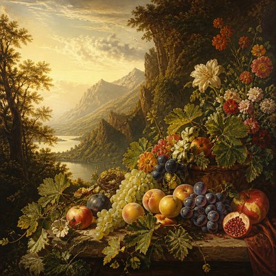 still life arrangement of fruits and flowers