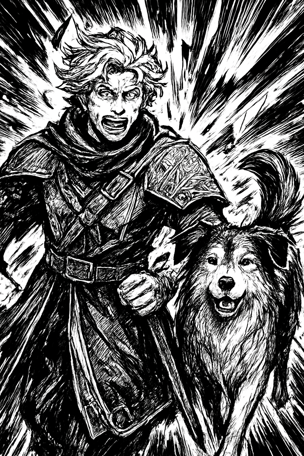 a black and white drawing of a man and a dog