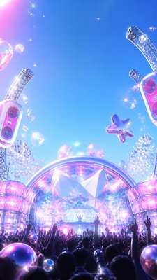a live music scene with a glowing stage and silhouetted crowd, energetic vertical composition with open space at the top, no text