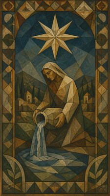 a robed figure pouring water beneath a large eight-pointed star in a night sky, symmetrical composition with an ornate decorative border, no text