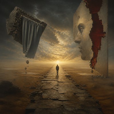 a solitary figure walking toward a glowing horizon across an empty plain, moody atmosphere, no text or lettering