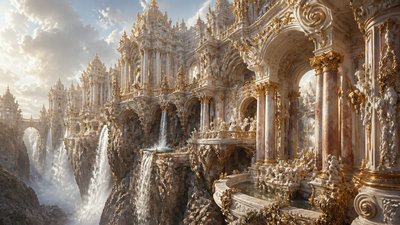 a cliffside city with waterfalls cascading into a misty canyon, wide establishing shot, no people, no text