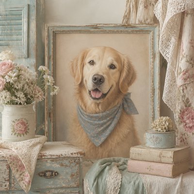 portrait of a golden retriever wearing a blue bandana, warm plain backdrop, no text