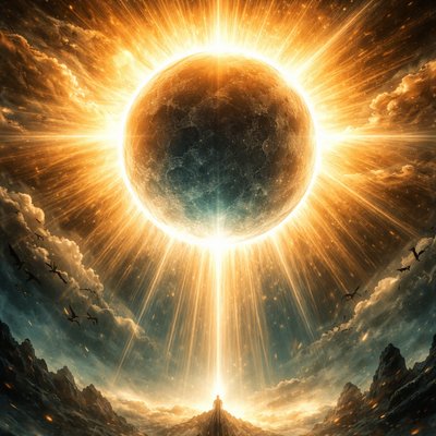 Ancient celestial vision: the blazing sun unites with a translucent moon, the moon rendered almost invisible, swallowed by the sun's overwhelming radiance yet delicately outlined as a glass, beams of divine light pouring down, the moon a silent witness beneath the sun's glory, spiritual symbolism of hidden union and concealed intimacy, ethereal golden and silver tones, sun and moon the same size, golden rays enveloping a dark transparent moon.