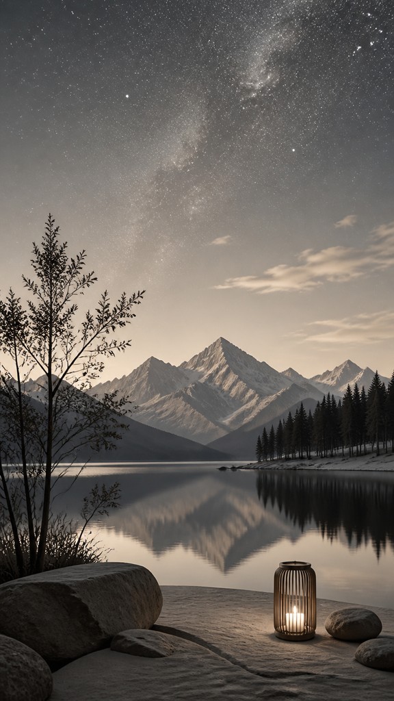 a tranquil mountain lake beneath a starry night sky, no people, no text