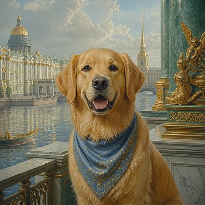 portrait of a golden retriever wearing a blue bandana, warm plain backdrop, no text