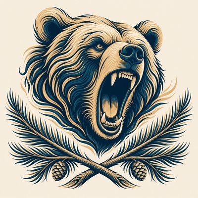 a roaring bear head above crossed pine branches, bold graphic composition on a plain background, no text
