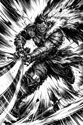 a black and white drawing of a man with a sword