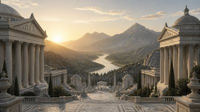 a vast valley with a river winding toward distant mountains at sunrise, no people, no text
