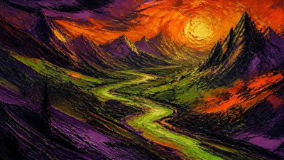 a vast valley with a river winding toward distant mountains at sunrise, no people, no text