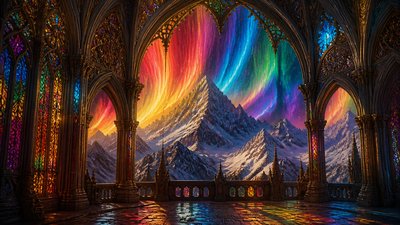 a flowing aurora over snowy peaks, wide sweeping composition, no people, no text