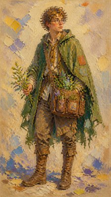 full-body original character: a wandering botanist with a satchel of plants, a patched green cloak, tall boots and round glasses, neutral background