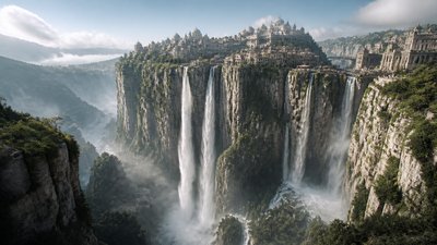 a cliffside city with waterfalls cascading into a misty canyon, wide establishing shot, no people, no text