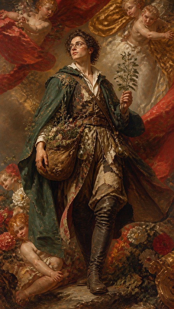 full-body original character: a wandering botanist with a satchel of plants, a patched green cloak, tall boots and round glasses, neutral background