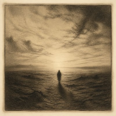 a solitary figure walking toward a glowing horizon across an empty plain, moody atmosphere, no text or lettering